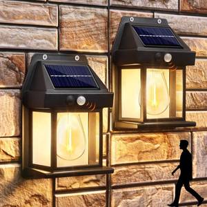 lot 6308 image: Joomer Solar Wall Lights Outdoor 2PACK,Solar Wall Lantern with 3 Modes & Motion Sensor,Dusk to Dawn Porch Lights Fixture,Waterproof Exterior Lighting with Clear Panel for Entryway Front Door