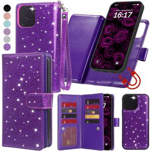 lot 6387 image: Varikke for iPhone 15 Pro Max Wallet Case Detachable with Card Holder for Women, Fashion Glitter Leather Strap Magnetic Flip Wallet Removable Phone Case Cover for iPhone 15 Pro Max 6.7, Dark Purple