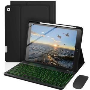 lot 6403 image: Keyboard Case for iPad 10.2 Inch 9th  8th  7th Gen & Air 3rd Generation 10.5 Inch, Mouse and 7 Colors Backlit Detachable Keyboard, Adjustable Stand Built in Pencil Holder, Auto-SleepWake, Black