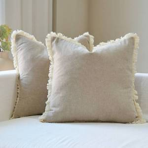 lot 6423 image: Amor Virisso Fringe Throw Pillow Covers 20x20 Set of 2 Boho Neutral Farmhouse Decorative Pillow Covers with Tassels for Couch Sofa Bed, Neutral