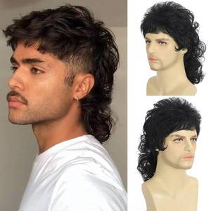 lot 6431 image: Sabosi Curly Mullet Wig Black Men Wigs 80s Male Halloween Costumes Punk Rocker Wig