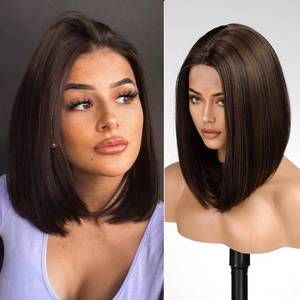 lot 6439 image: KOME Brown Highlight Short Bob Wigs,Brown Straight Shoulder Length Wigs for Women,Middle Part Heat Resistant Fibre Synthetic Wig Daily Use��