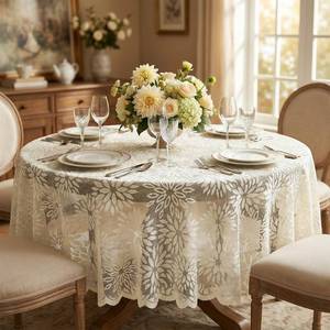 lot 6476 image: Horaldaily Blue Lace Tablecloth 60�60 Inch Round, Embroidered Dahlia Table Cover, Vintage Wedding Decorations for Dinner Party, Baby Shower, Tea Party color blue