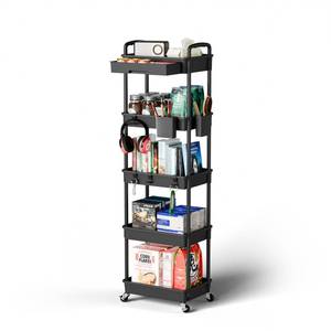 lot 9842 image: Sorgion 5 Tier Rolling Cart Organizer,Bathroom Cart Organizers with Wheels Laundry Room Organization Mobile Shelving Unit Utility Cart Storage Shelves Multi-Functional for Office, Home(Black)