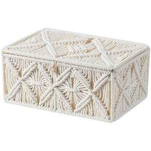 lot 9849 image: VinneGenzz Decorative Boho Storage Baskets with Lid Bohemian Macrame Jewelry Box Handmade Natural Cotton Rope Woven Bins Memory Keepsake Photo Makeup Organizer Shelf Container (Off White, Large)