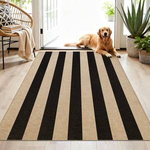 lot 9850 image: JROSING Washable Striped Easy Jute Rug 3x5, Black Outdoor Indoor Patio Modern Geometric Neutral Small Rugs, Woven Non Slip Thin Carpet Mat for Living Bedroom Entryway Front Door Farmhouse Doorway Kids