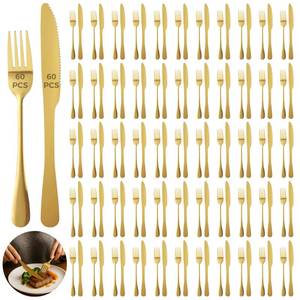 lot 9864 image: 120 Pcs Gold Silverware Set, Includes 60 Forks and 60 Knives, Stainless Steel Flatware Set, Elegant and Sturdy Cutlery, Smooth Surface, Dinner Tableware, Ideal for Home, Restaurant