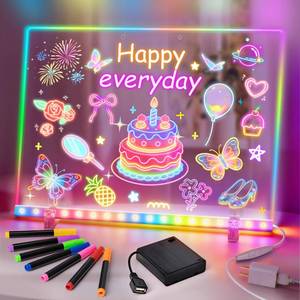 lot 9866 image: Aukdin 17 Led Drawing Board for Kids, Rechargeable Light Up Drawing Board with 7 Colors & 4 Modes, Portable Acrylic Dry Erase Board Gifts for Kids Girls Boys for Birthday Christmas