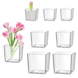 lot 9869 image: QoTang 6 PCS Square Vases, 345 Cube Clear Plastic Flower Vase, Modern Decorative Centerpiece for Wedding, Office, Home Decor