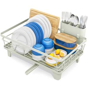 lot 9871 image: Urackify Dish Drying Rack for Kitchen Counter, Sink Dish Rack with Drainboard, Large Dish Drainer with Cups Holder, Home Countertop Plate Dryer Storage Rack with Cutlery Holder, Soft Celery Green
