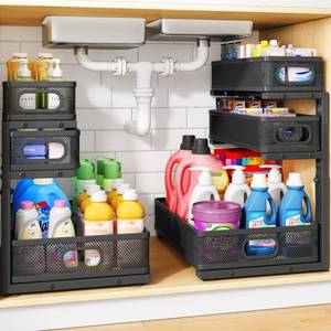 lot 9885 image: Under Sink Organizer, 2-Pack 3-Tier Thickened Metal Pull out Cabinet Organizer Shelf, Height Adjustable Slide out Storage Drawer Rack for Kitchen Bathroom Pantry Laundry Home Office Organization
