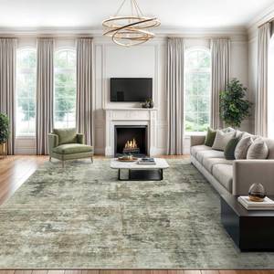 lot 9887 image: Soalmost Area Rug 6x9 Abstract Living Room Washable Rugs Green Black Non Slip Low Pile Carpet for Bedroom Dining Room Foldable Thin