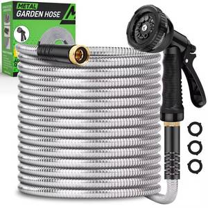 lot 9892 image: Garden Hose 50ft, Heavy Duty Stainless Steel Water Hose with 10 Functional Nozzles, No Kink, Lightweight and Flexible, Easy to Use and Store, Strong and Sturdy, Suitable for Yard and Lawn