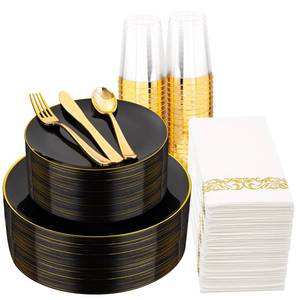lot 9900 image: Supernal 350PCS Black and Gold Plastic Dinnerware Set (Serves 50 Guests) - Elegant Black Plates with Gold Rimmed Edges, Disposable Gold Silverware, Cups, Napkins for Party, Wedding,Celebration