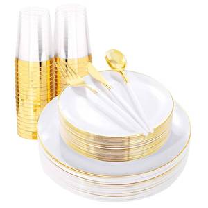 lot 9902 image: LIYH 180 Pcs White and Gold Plastic Plates Disposable - Dinnerware Set, Gold Plastic Silverware, Disposable Heavyduty Plates for Parties, Birthdays, Wedding 30Guests