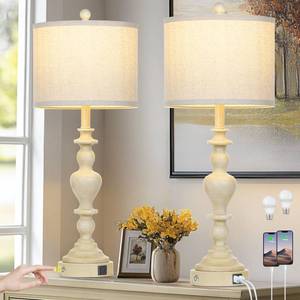 lot 9908 image: 27 Farmhouse Lamps Set of 2 with USB CA Charging Ports, Vintage Rustic Touch Control Table Lamp for Living Room, 3-Way Dimmable Traditional Nightstand Bedside Lamp for Bedroom Resin Washed Beige