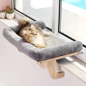 lot 9913 image: Zakkart Cat Perch for Window Sill with Bolster - Orthopedic Hammock Design with Premium Hardwood & Robust Metal Frame - Cat Window Seat for Large Cats - Natural Color Wood Gray Bed, 26.4W