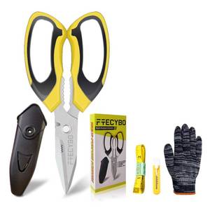 lot 10355 image: FTECYBO Heavy Duty 8 Multipurpose Scissors with Protective Cover, Stainless Steel Serrated Blades, Easy Cutting Cardboard, Leather, Fabric, Wires, Nutcracker, Yellow