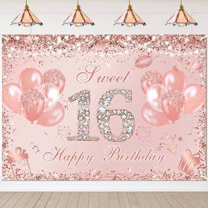 lot 10362 image: Avezano Sweet 16 Birthday Banner Rose Gold Sweet Sixteen Party Decorations Girls Sweet 16 Backdrop Glitter Balloon 16 Year Old Birthday Photo Props Supplies (83x59 inch)
