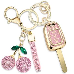lot 10373 image: Rayslesan Sparkly Key Fob Cover with Cherry Keychain, Bling TPU Smart Key Case for Women, Compatible with Honda Accord Civic CR-V Crosstour HR-V Fit (4-Button, Gold Pink)