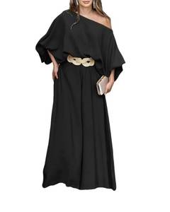 lot 11284 image: CHICME Women Summer 2 Piece Outfits Off Shoulder Lantern Sleeve Top Flowy Wide Leg Pants Set Vacation Beach Travel Outfits Black-XL