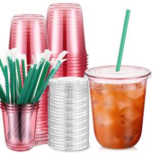 lot 11288 image: Baderke 25 Set Plastic Cups with Lids and Straws, Disposable Plastic Iced Coffee Cup for Cold Beverage Juice Smoothie Crystal for Coffee Shops Party Catering (Pink,14 oz)