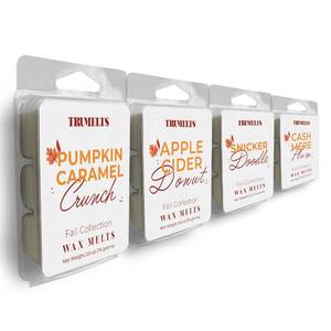 lot 12368 image: Fall Collection Wax Melt Variety 4 Pack Dye Free  Pumpkin Caramel Crunch, Snickerdoodle, Apple Cider Donuts, Cashmere Plum  4 Highly Scented Dyeless 2.6 oz Bars  TruMelts Premium Soy Wax Melts (Only Two)
