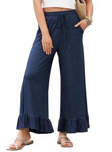 lot 12387 image: EVALESS Womens High Waisted Palazzo Pants Plain Solid Color Wide Leg Work Casual Flare Pants Teacher Beach Vacation Ruffle Hem Trousers with Pockets Navy Blue X-Large