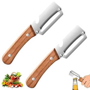 lot 12404 image: 2 Pack Multifunctional Vegetable Peeler, With Wooden Handle and Bottle Opene, Stainless Steel Blade with Ergonomic Wooden Handle, Non-Slip Fruit & Potato Peeler for Kitchen Use