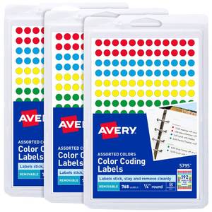 lot 12414 image: Avery Color-Coding Removable Labels, 14 Inch Round Labels, Assorted Colors, Non-Printable, 3 Packs, 2,304 Dot Stickers Total (5641)
