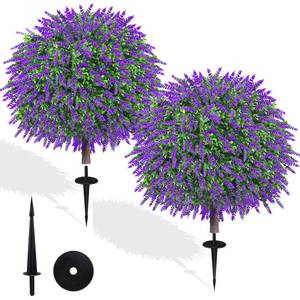 lot 13928 image: Bloyapix 27.5 Artificial Lavender Boxwood Topiary Ball Trees, Set of 2 Fake Shrubs Bushes with Ground Spike, UV Resistant Faux Evergreen Tree for Front Porch Outdoor Garden Decor
