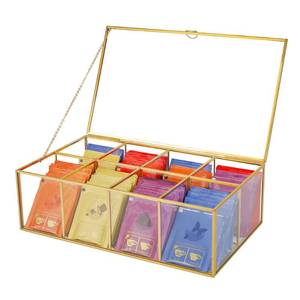 lot 13933 image: REDHUGO Glass Tea Bag Organizer with 8 Compartments, Handmade Large Tea Bag Storage Box for Counter Kitchen, Tea Bag Holder,Tea Storage Containers with Lid,Tea Accessories Gifts for Tea Drinkers,Gold