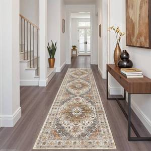 lot 13942 image: Madane Runner Rug 2x8, Washable Hallway Runner Rugs, Non-Slip Low-Pile Soft Kitchen Rug Runner Laundry Room Rug, Vintage Throw Entry Foyer Mat for Entrance Living Room (TurmericGrey, 2 x 8)