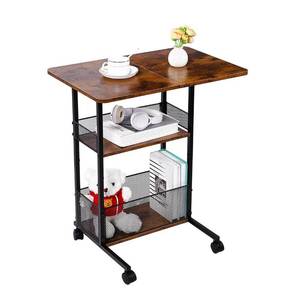 lot 13944 image: Anlanbor C Shaped End Table with Storage Shelf Basket, Small Couch Table with Wheels for Sofa Recliner Bedside, Rustic Brown Side Tables with Extended Desktop for Living Room, Bedroom, Home,Office