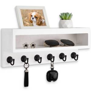 lot 13964 image: Lucundm Key and Mail Holder Wall Mount, Key Hanger with Long Storage Box and 6 Hooks for Coat, Dog Leash, Home Decor Rack, House Accessories, Entry Way Organizer (White)