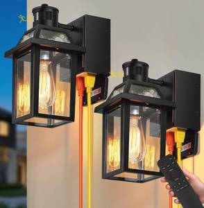 lot 13967 image: Porch Lights with GFCI Outlet with Remote, Dusk to Dawn Outdoor Lights, Upgraded 4 Lighting Modes Exterior Light Fixture Waterproof, Outside Lights for House Front Door Patio Garage Black, 2 Pack