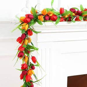 lot 14244 image: Jutom 2 Pcs 6ft Easter Tulip Garland Artificial Spring Tulip Garland Orange Yellow Easter Decoration with Flower Green Leave Hanging Vine for Mantel Fireplace Wall Home Wedding Indoor Outdoor Decor