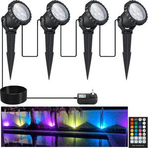 lot 14262 image: COVOART Spotlights Outdoor, RGB Color Changing Landscape Lights 12W 800lm 120V Plug in LED Spot Lights with Remote, IP66 Waterproof Outdoor Lights for Tree Yard House Flag Garden, 46.5ft Cord, 4 Pack