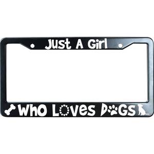 lot 14279 image: URCustomPro Just A Girl Who Loves Dogs Matte Black License Plate Frame Cover for MenWomen, Heavy Duty Stainless Steel Auto Car Tag Frame with 2 Holes & Free Screws,Unique Cat and Dog Lover Gift