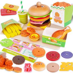 lot 14283 image: Montessori Toys Pretend Play Food Set for 3 4 5 Year Old, Wooden Fast Food Play Kitchen with Hamburger, Fries, Egg Tart, Popcorn Chicken, Drumsticks, Cola, Christmas Birthday Gifts Kids Boys Girls