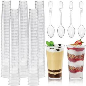 lot 14289 image: Peohud 100 Pack 3oz Plastic Dessert Cups with Spoons, Mini Dessert Shooter Cups, Disposable Parfait Appetizer Cups Shot Glasses for Desserts, Pudding, Event and Party