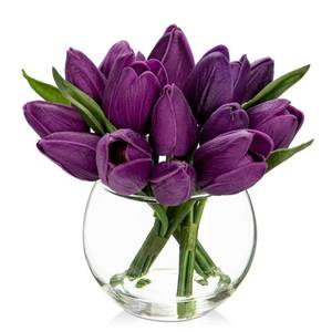 lot 14302 image: DILATATA Artificial Purple Tulips in Vase with Faux Water 6 Real Touch Flowers Fake Tulips Small Flowers Arrangement in Round Glass Vase for Mothers Day Table Centerpiece Wedding Home Decor