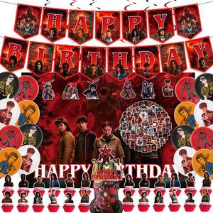 lot 14329 image: 162Pcs Party Decorations Set, Includes Backdrop, Happy Birthday Banner, 16 Balloons, 6 Hanging Swirls, 24 Cupcake Toppers, Cake Topper, 100 Stickers, Stranger Party Supplies Things for Kids Teens Boys