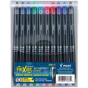 lot 14340 image: Pilot FriXion Synergy Clicker Erasable, Refillable, Retractable Gel Ink Pens, Extra Fine Point 0.5 mm, Pack of 9, Assorted Colors, FriXion Erasable Pens 0.5 - Ideal for School & Office Writing