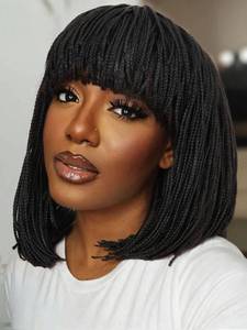 lot 14351 image: Fancy Hair Braided Wig Square Knotless Box Braided Wigs 13X6 Lace Front Wig with Baby Hair Synthetic Brown Bob Braid Wig for African American Women