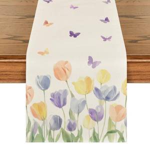 lot 14355 image: Artoid Mode Watercolour Tulip Butterfly 210 GSM Spring Table Runner, Seasonal Summer Kitchen Dining Table Decoration for Home Party Decor 13x72 Inch