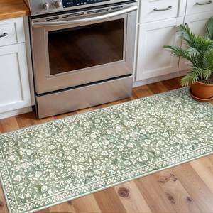 lot 14371 image: SILOLOOM Vintage Washable 2x5 Rug Runner, Sage Green Beige Runners for hallways, Super Soft Kitchen Runner Rug Non Slip, Print Faux Wool Floral Thin Carpet Runner for Entryway Indoor Bedroom