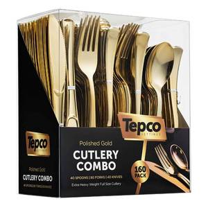 lot 14376 image: 160 Silverware Set - Disposable Flatware - 80 Plastic Forks, 40 Plastic Spoons, 40 Cutlery Knives - Heavy Duty for Party Bulk Pack (Gold)