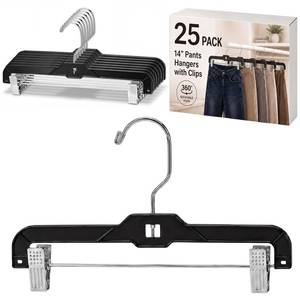 lot 19710 image: Threehoney 25 Pcs 14 Pants Hangers with Clips, Black Plastic Skirt and Pants Hangers with Chrome Swivel Hook and Adjustable Clips for Shorts, Jeans, Trousers, Clothes Hanger