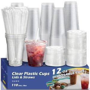 lot 19717 image: Voatree 110 Pack 12 oz Clear Plastic Cups with Lids and Straws, Small Disposable Iced Coffee Cups To Go, BPA-Free Cold Drink Cups for Espresso, Juice, Kids Drinks